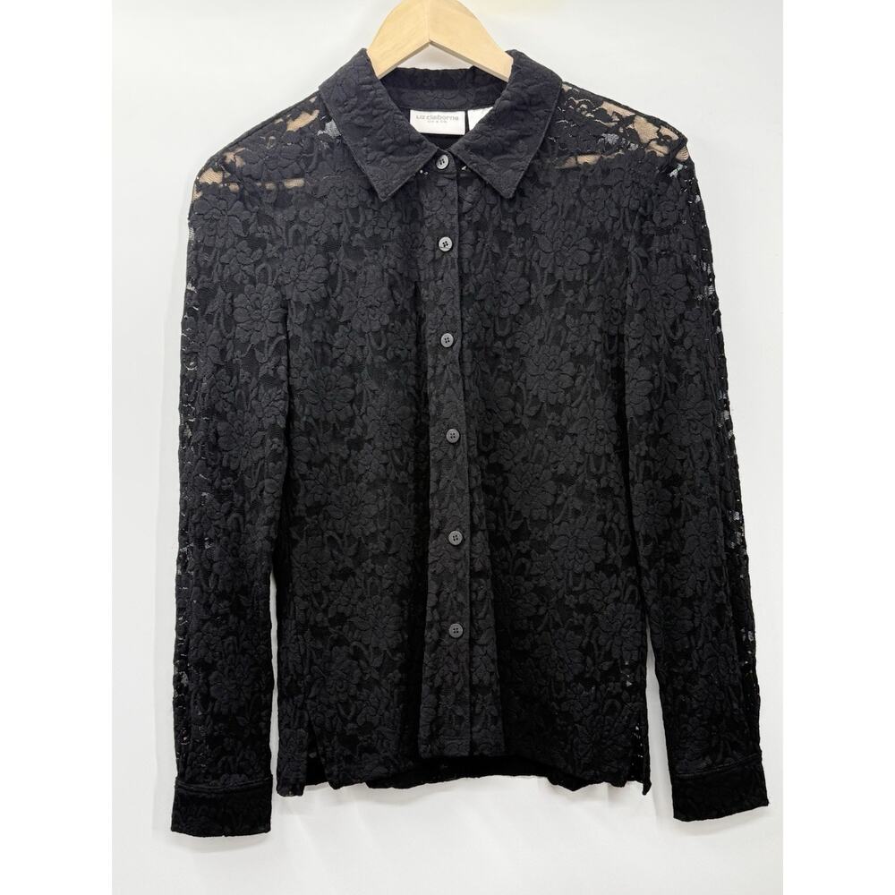 Liz Claiborne Lace Blouse Womens S Black Button Front Sheer Floral Top